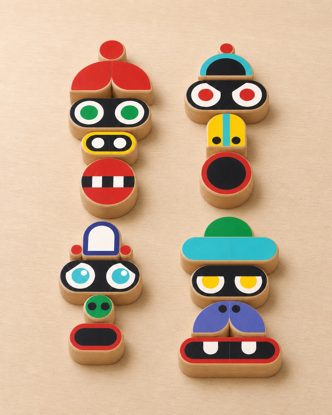 Four faces assembled from the Nibbu wooden stacking pieces