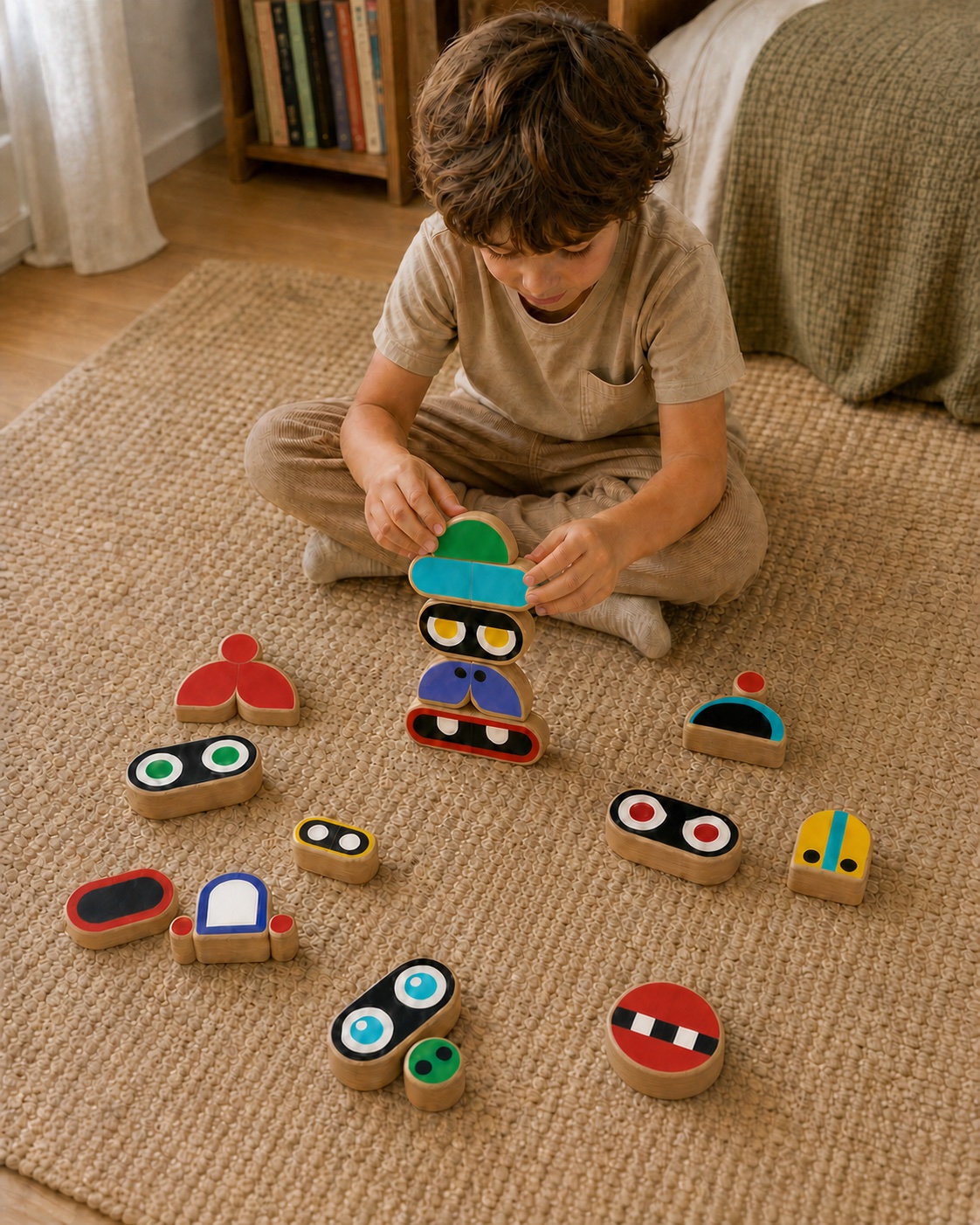 A child building a Nibbu face from colorful wooden blocks